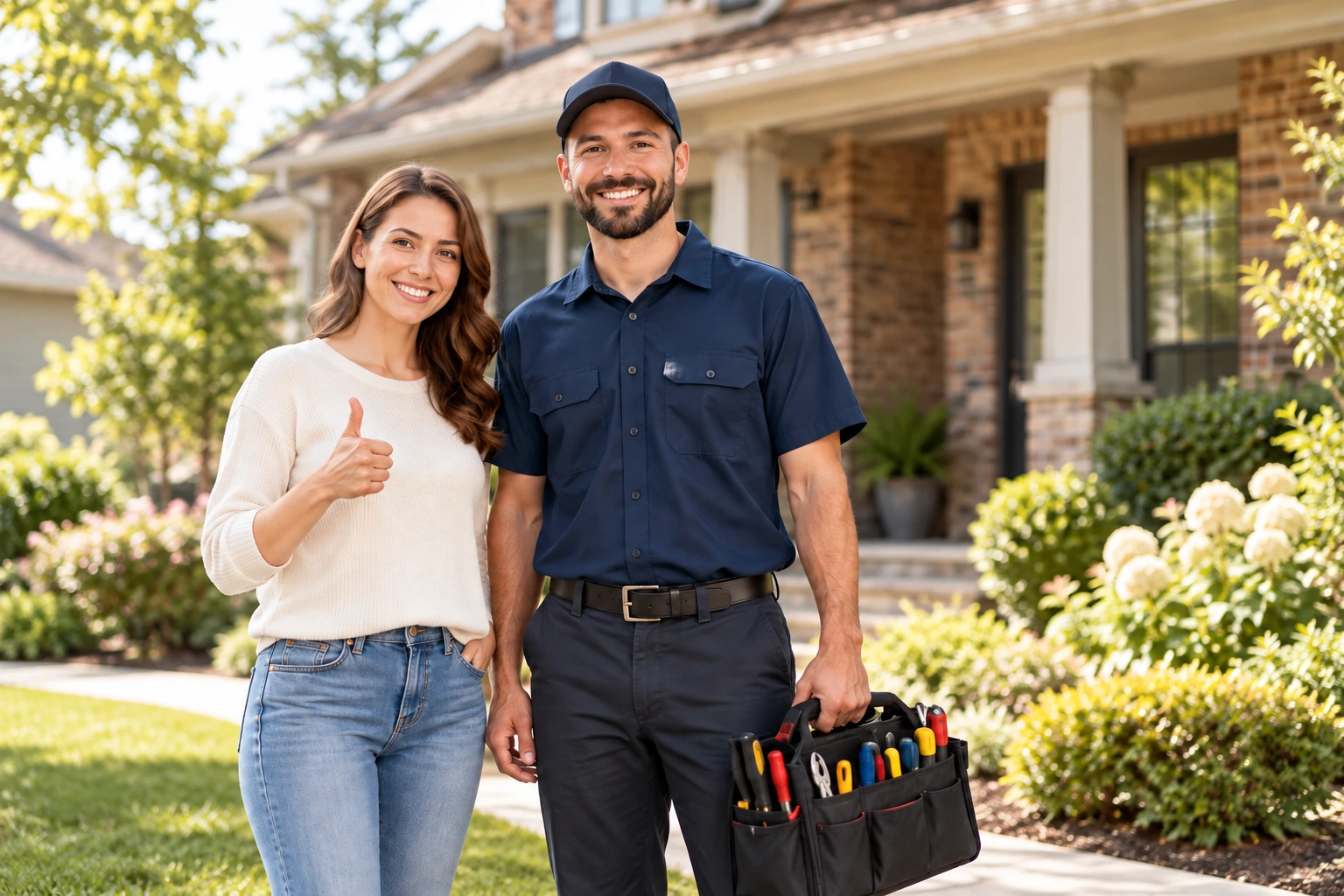 A homeowner and an appliance repair technician outside a home