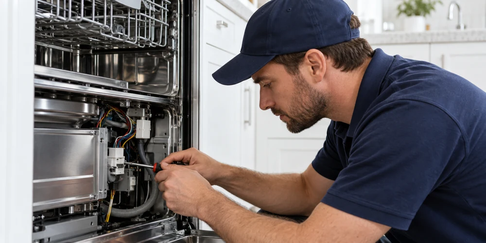 Technician repairing a dishwasher in a home kitchen